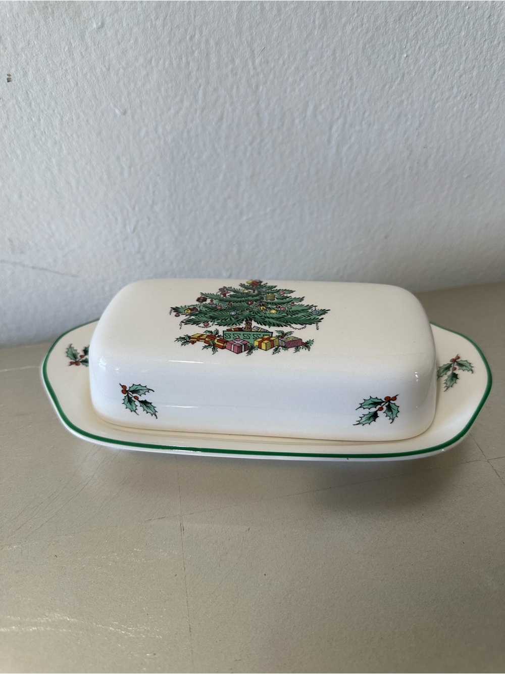 Spode White and Green Christmas Tree Butter Dish